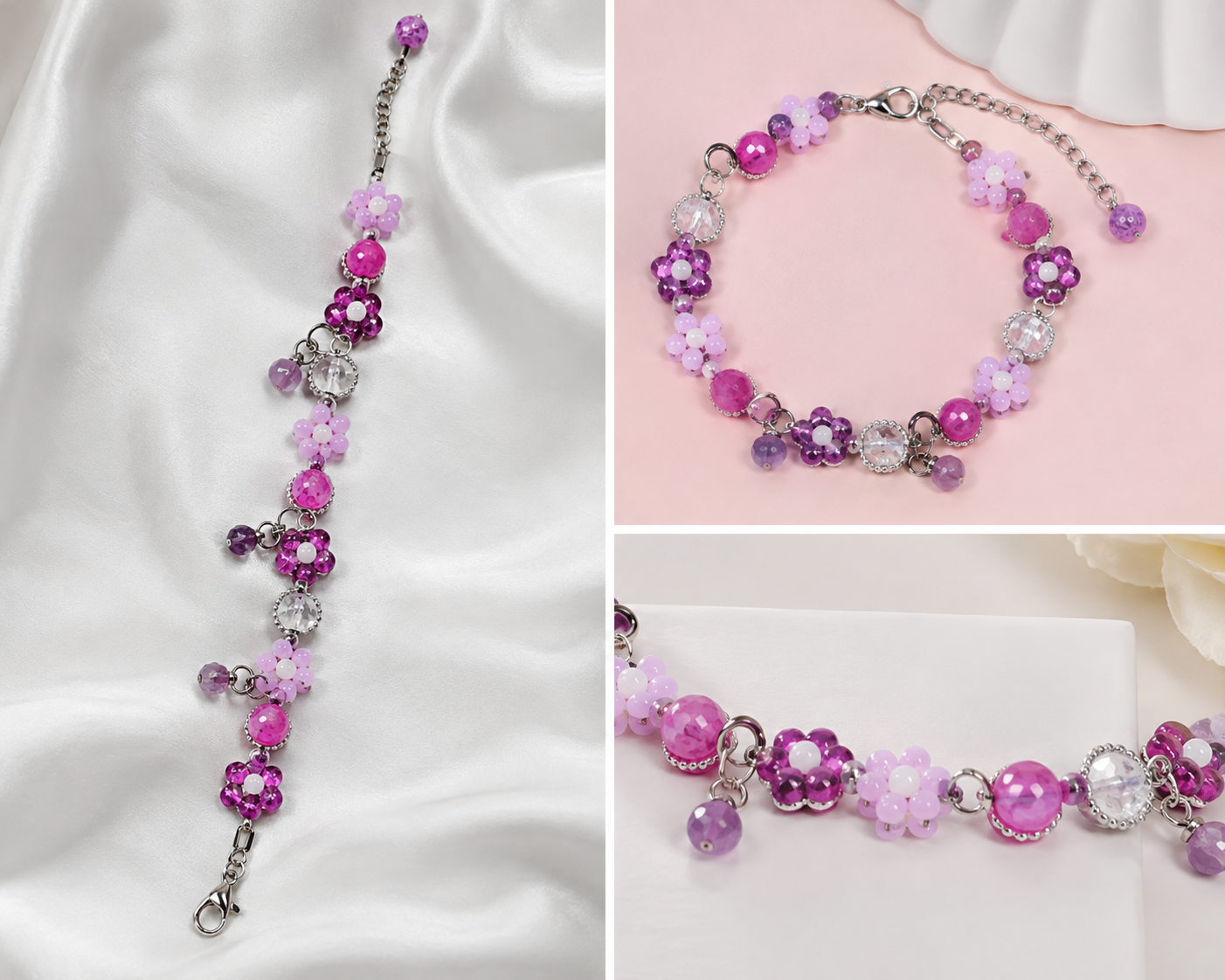Handmade Purple & Pink Floral Beaded Charm Bracelet