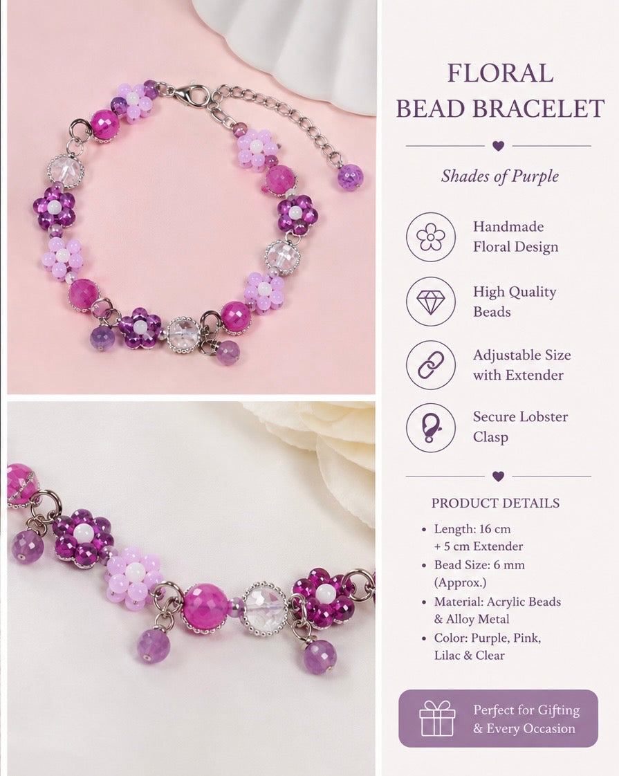 Handmade Purple & Pink Floral Beaded Charm Bracelet